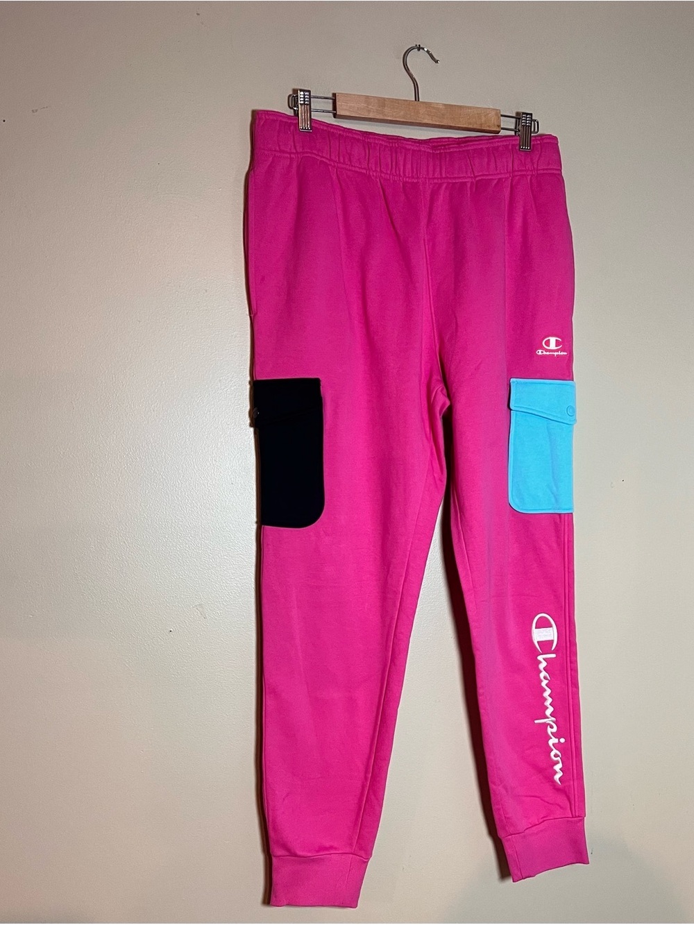 Champion Pink Joggers with Blue and Black Cargo Pockets size Large